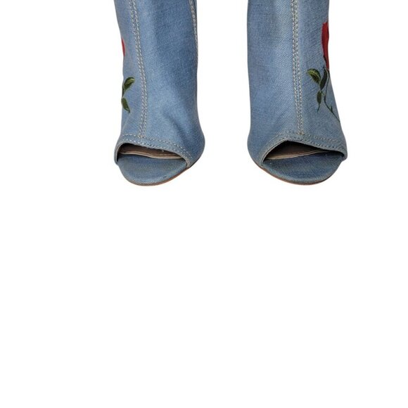 Akira Floral Embroidered Boots Sz 6.5 Thigh High Denim Peep Toe Stiletto 4.5" - Picture 10 of 16